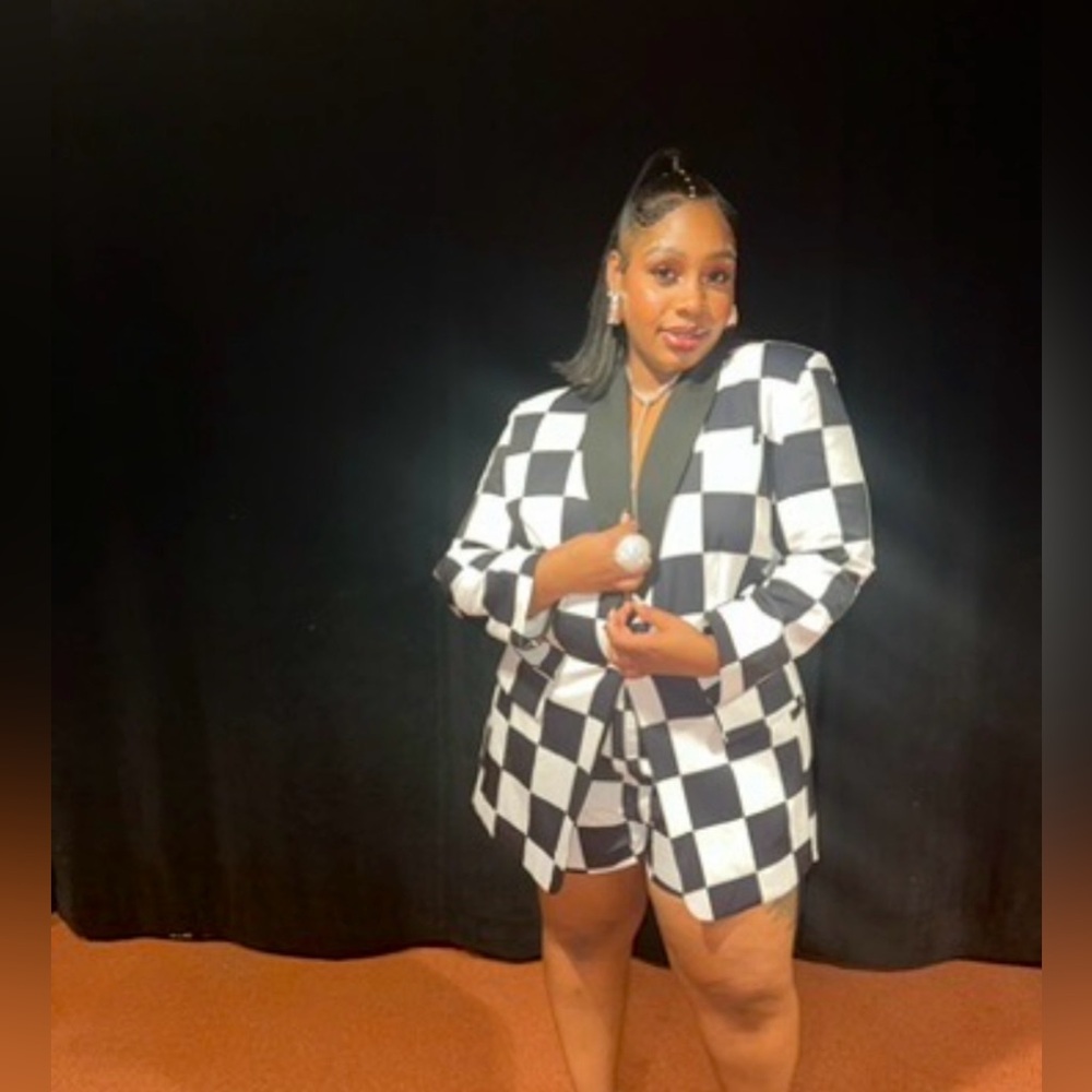 AKIRA Checkered Black and White Blazer and Shorts Set - XL